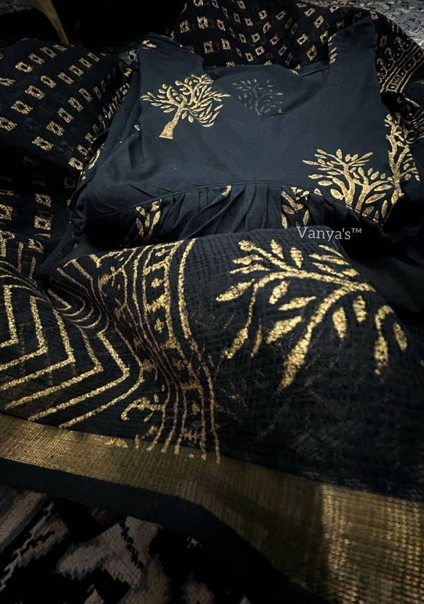 Kalini Black Gold Hand Block Anarkali Suit Sets