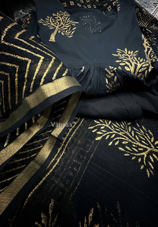 Kalini Black Gold Hand Block Anarkali Suit Sets