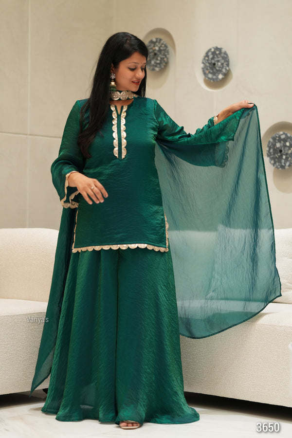✨Emerald Aura Royale Banarasi Tissue Silk Sharara Set