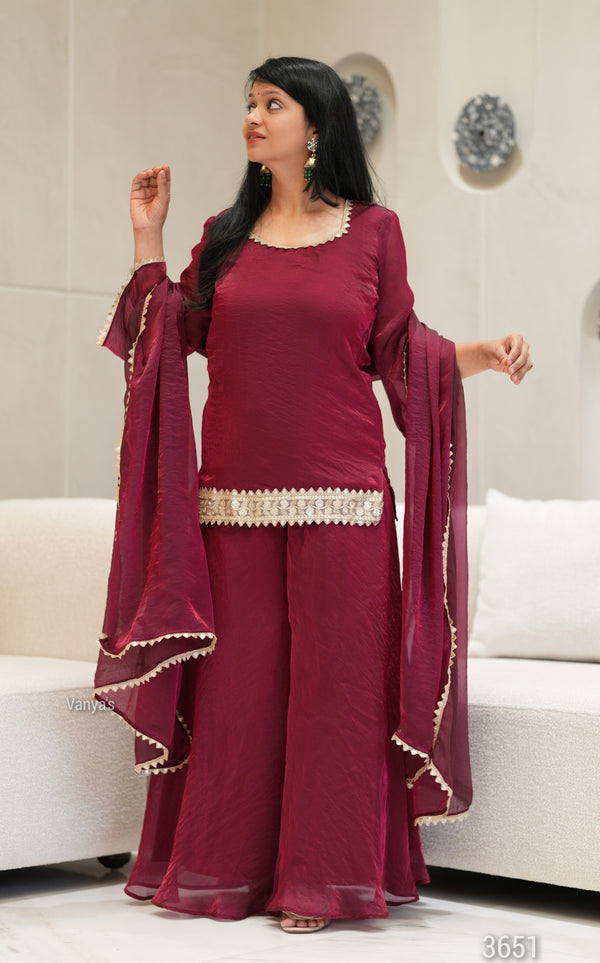 ✨Ruhani Royale Wine Banarasi Tissue Silk Sharara Set