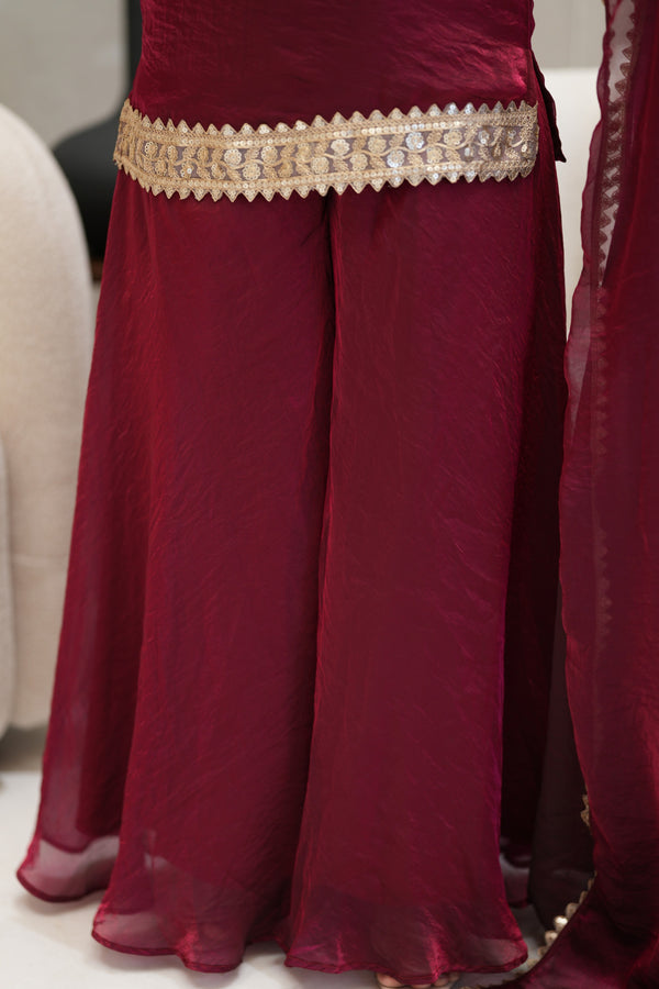 ✨Ruhani Royale Wine Banarasi Tissue Silk Sharara Set