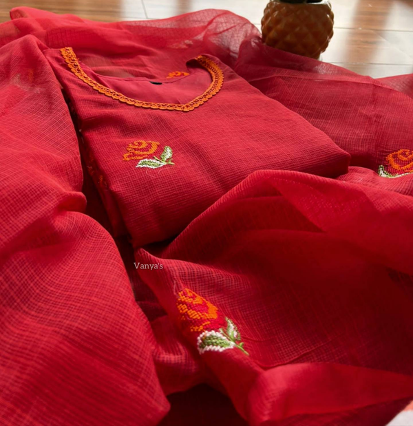 Savitri Red Kota Doria Embriodery Suit Sets