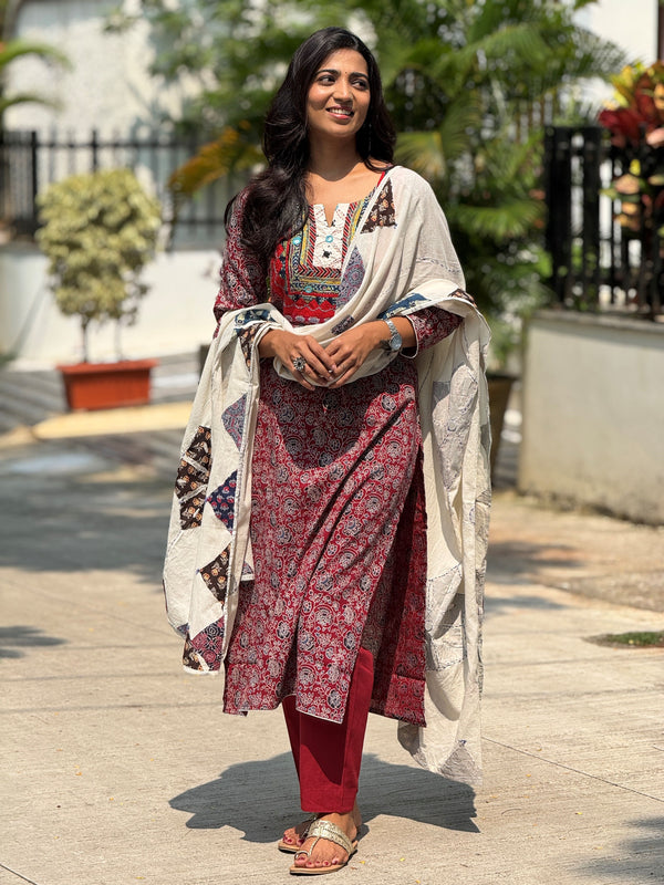 Soumya Maroon Applique Ajrak Kurta Set