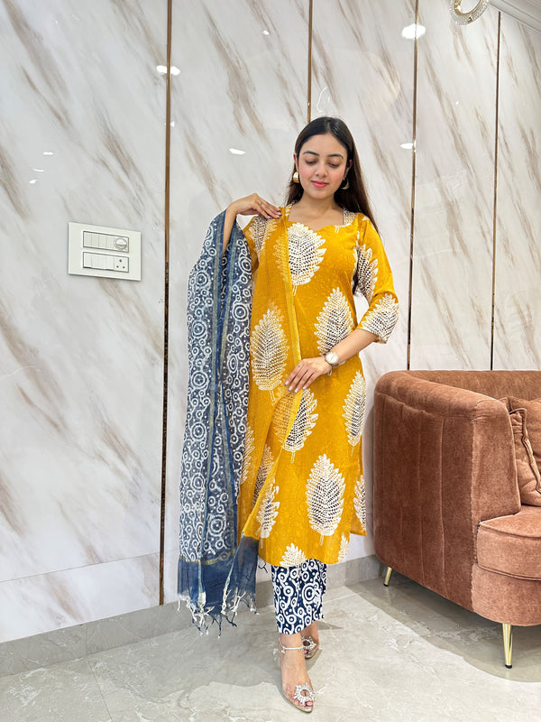 Laya Mustard Hand Block Batik Print Kurta Suit Set