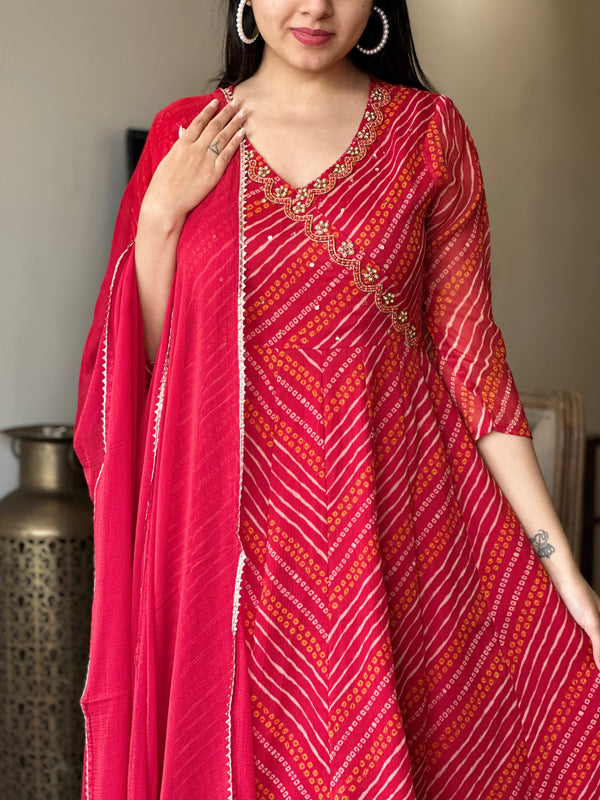 Mahek Red Full-Flared Chiffon Anarkali with Zardozi Handwork