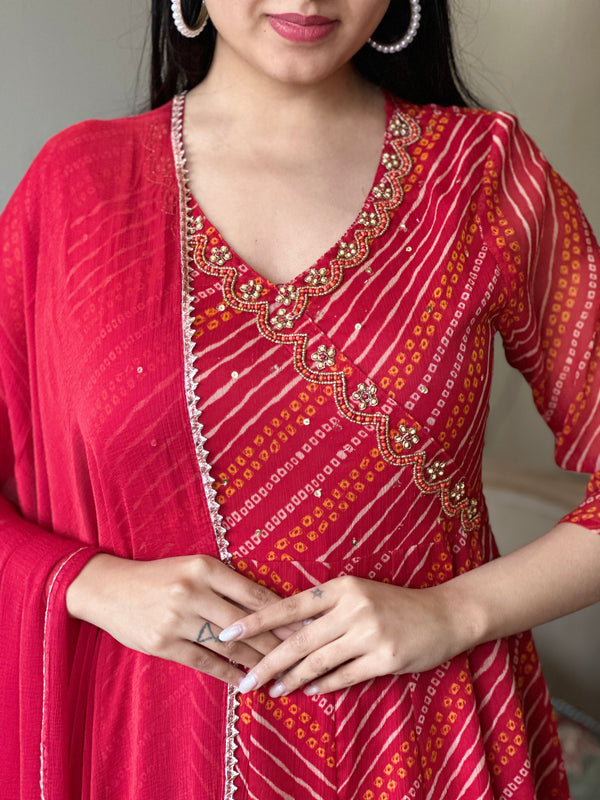 Mahek Red Full-Flared Chiffon Anarkali with Zardozi Handwork