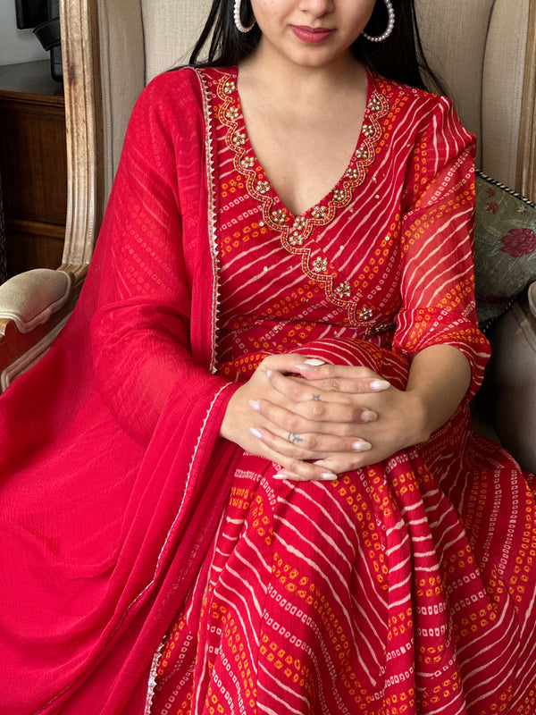 Mahek Red Full-Flared Chiffon Anarkali with Zardozi Handwork