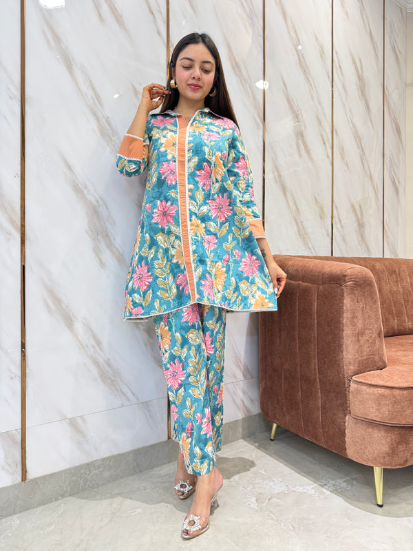 Nandini Floral Print Aqua Co-ord Set