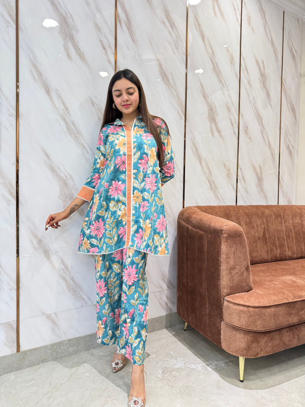 Nandini Floral Print Aqua Co-ord Set