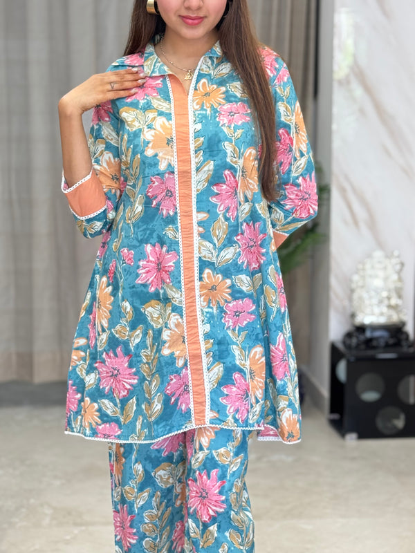 Nandini Floral Print Aqua Co-ord Set