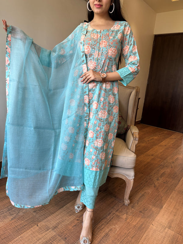 Charvi Aqua Floral Print Cotton Kurta Set