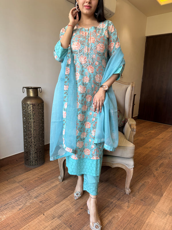 Charvi Aqua Floral Print Cotton Kurta Set