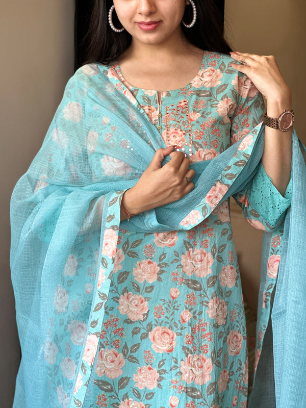 Charvi Aqua Floral Print Cotton Kurta Set