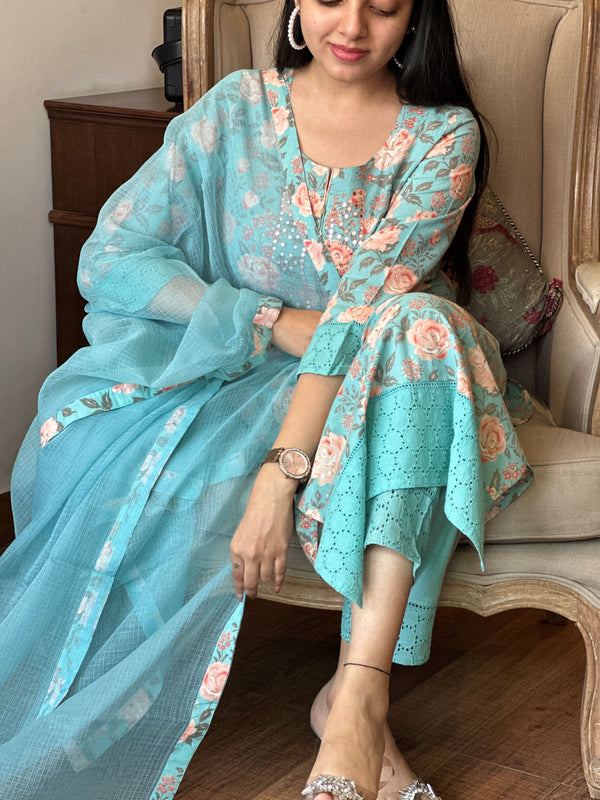 Charvi Aqua Floral Print Cotton Kurta Set