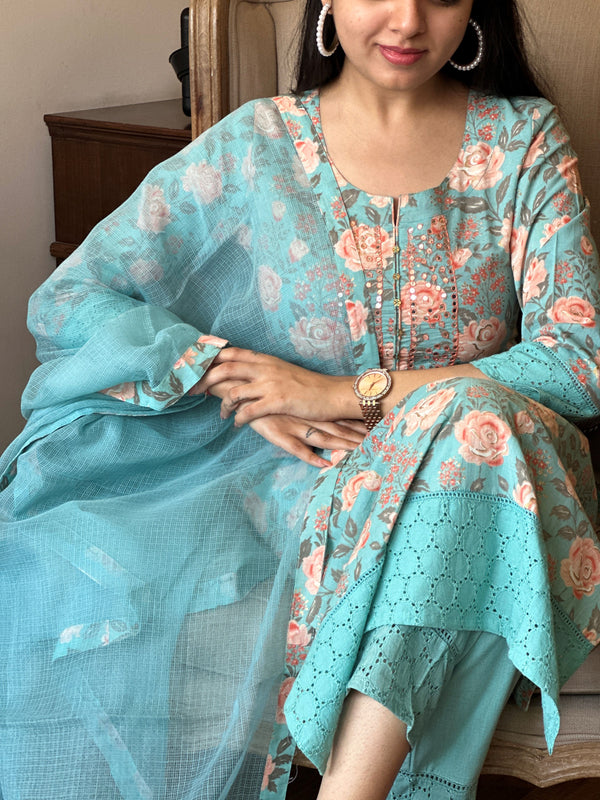 Charvi Aqua Floral Print Cotton Kurta Set
