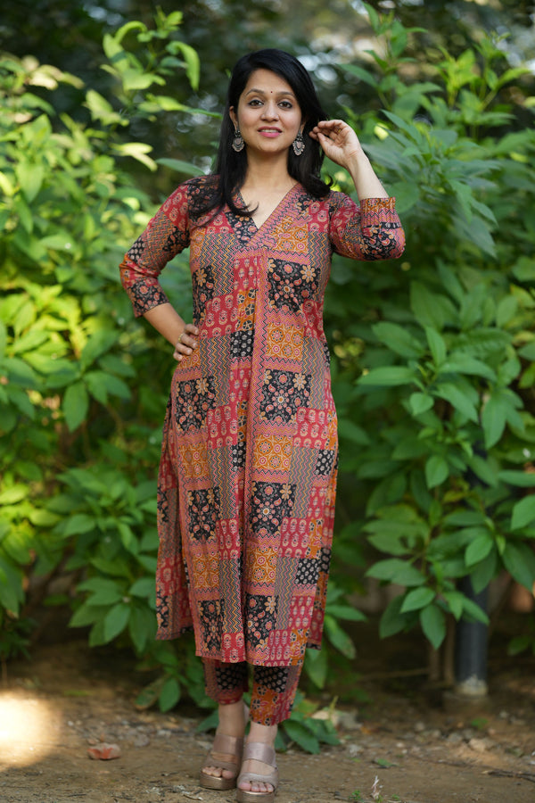 Kriti Rust Ajrak kurta pant