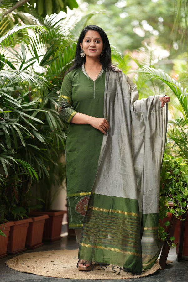 Silken Vana β Pochampally Elegance Suit in Olive Sage