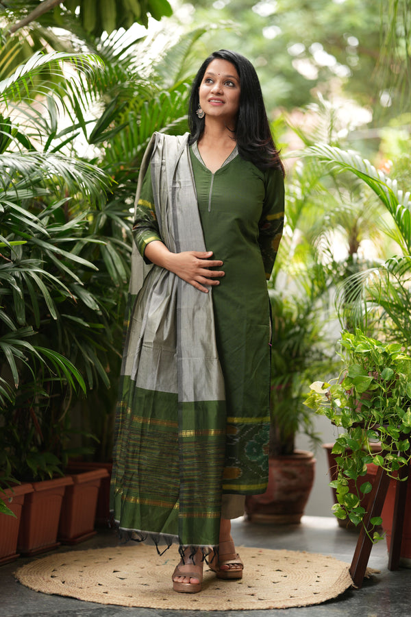 Silken Vana β Pochampally Elegance Suit in Olive Sage