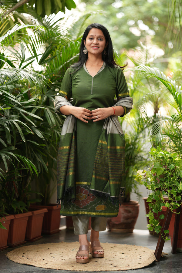 Silken Vana β Pochampally Elegance Suit in Olive Sage