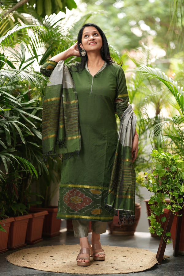 Silken Vana β Pochampally Elegance Suit in Olive Sage