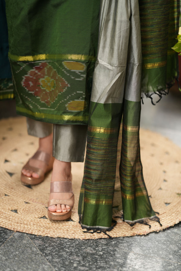 Silken Vana β Pochampally Elegance Suit in Olive Sage