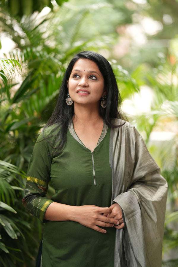 Silken Vana β Pochampally Elegance Suit in Olive Sage