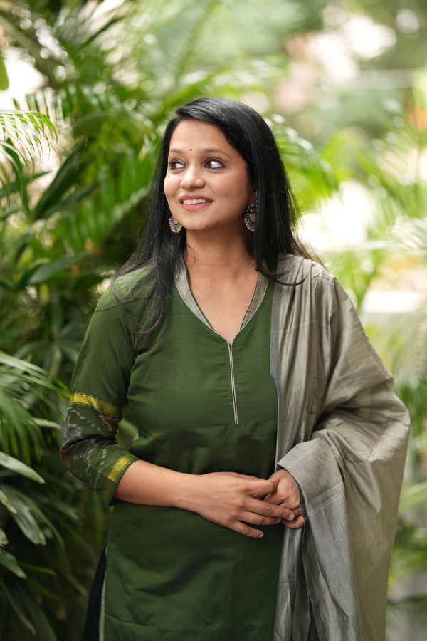 Silken Vana β Pochampally Elegance Suit in Olive Sage