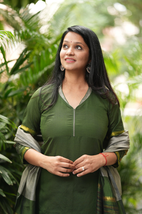 Silken Vana β Pochampally Elegance Suit in Olive Sage