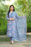 Vennila Schiffli Hand block Cotton Suit Set with Doria Dupatta