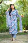Vennila Schiffli Hand block Cotton Suit Set with Doria Dupatta
