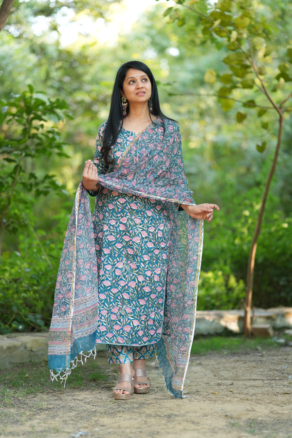 Thamarai Schiffli Hand block Cotton Suit Set with Doria Dupatta