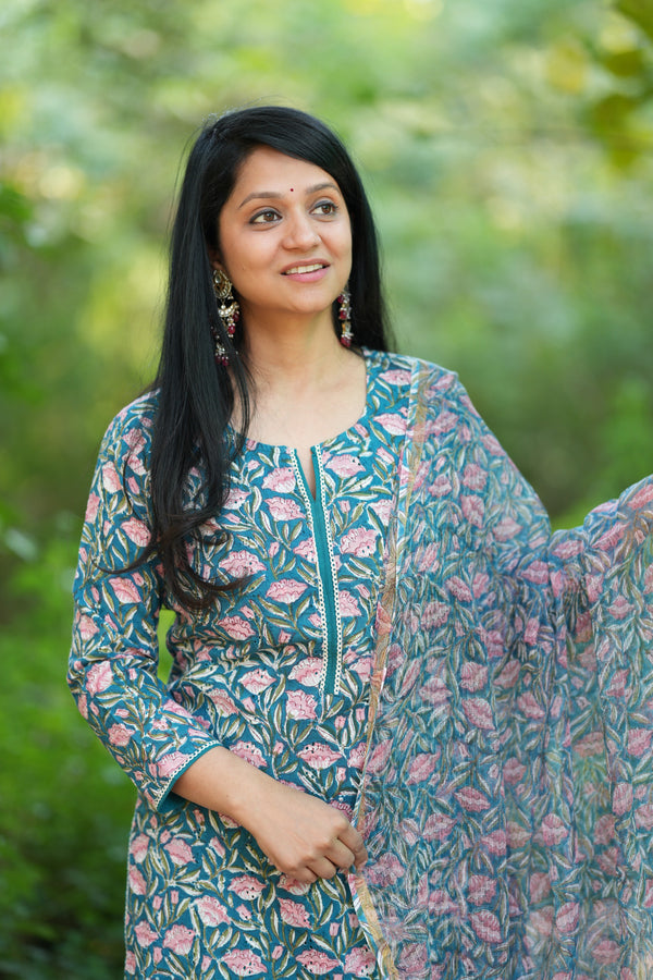 Thamarai Schiffli Hand block Cotton Suit Set with Doria Dupatta