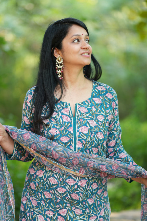 Thamarai Schiffli Hand block Cotton Suit Set with Doria Dupatta