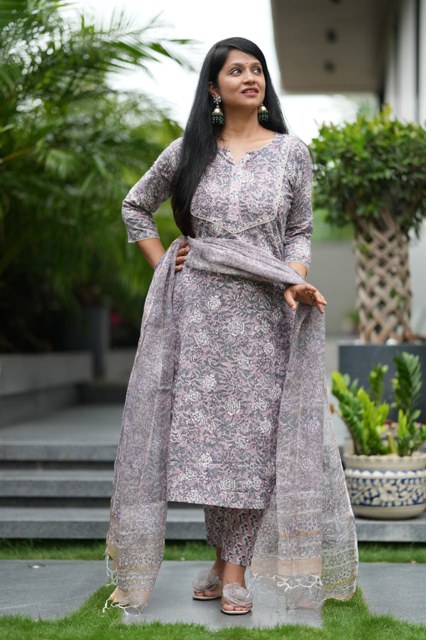 Aarini Schiffli Hand block Cotton Suit Set with Doria Dupatta