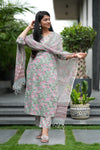 Yazhini Schiffli Hand block Cotton Suit Set with Doria Dupatta