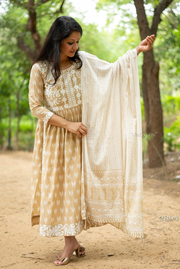 Beige and White Embroidered Anarkali Dress