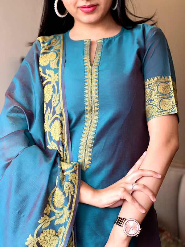 Aadhira Banarsi Silk Teal Kurta set