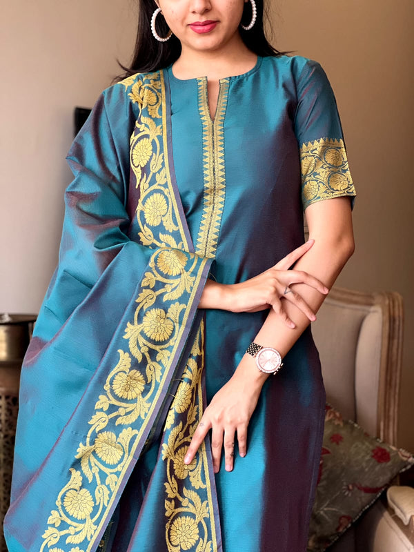 Aadhira Banarsi Silk Teal Kurta set