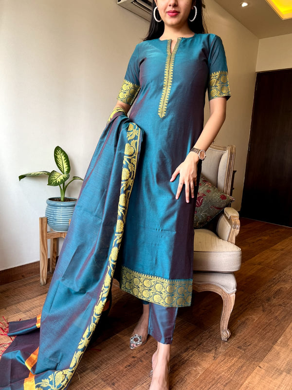 Aadhira Banarsi Silk Teal Kurta set