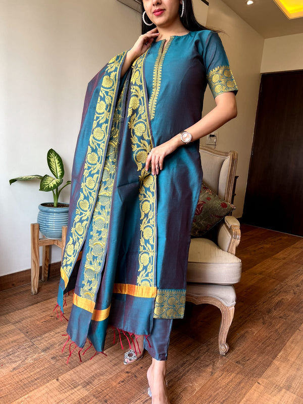 Aadhira Banarsi Silk Teal Kurta set