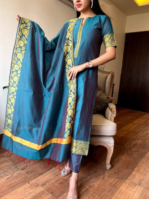 Aadhira Banarsi Silk Teal Kurta set