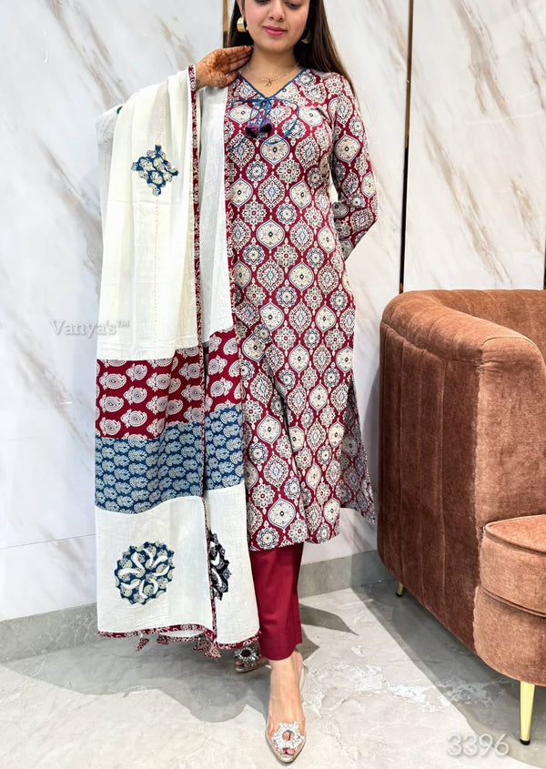 Aashitha Applique Ajrak Cotton Suit Set