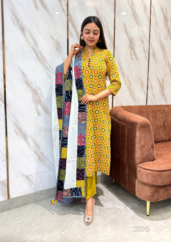 Mehalya Applique Ajrak Cotton Suit Set