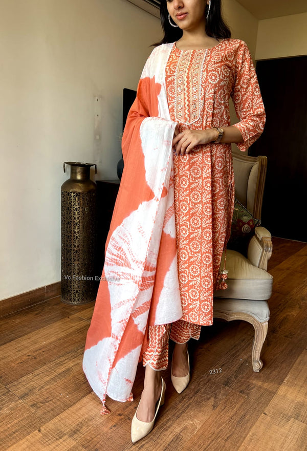 "Rust Radiance" Printed Cotton kurta Pant set