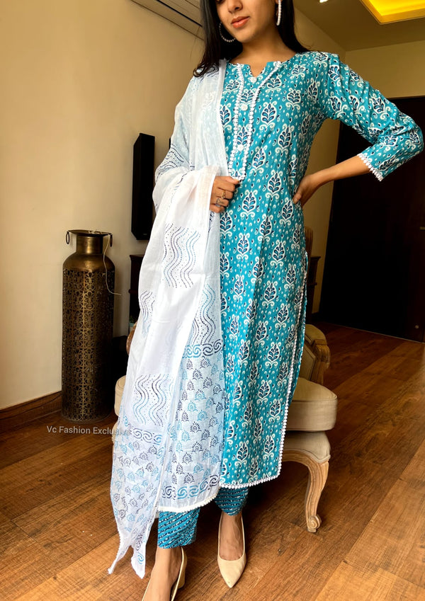 Aqua Bloom Cotton Kurta Set