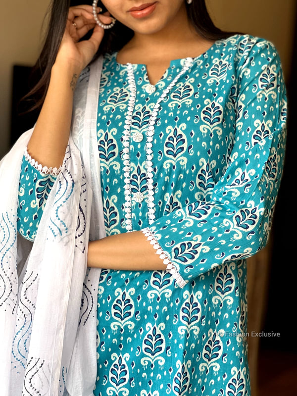 Aqua Bloom Cotton Kurta Set