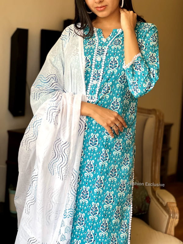 Aqua Bloom Cotton Kurta Set