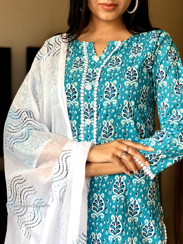 Aqua Bloom Cotton Kurta Set