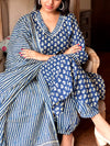 Indigo Bloom Kurta Set – Cotton Elegance with Striped Charm