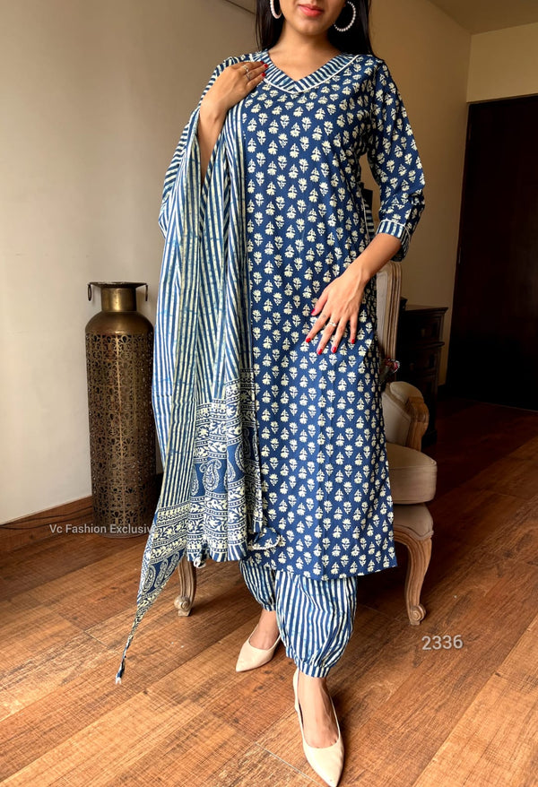 Indigo Bloom Kurta Set – Cotton Elegance with Striped Charm